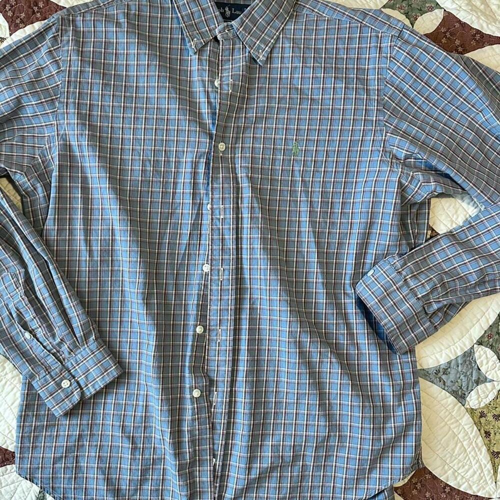 Ralph Lauren light blue plaid 100% cotton button up shirt